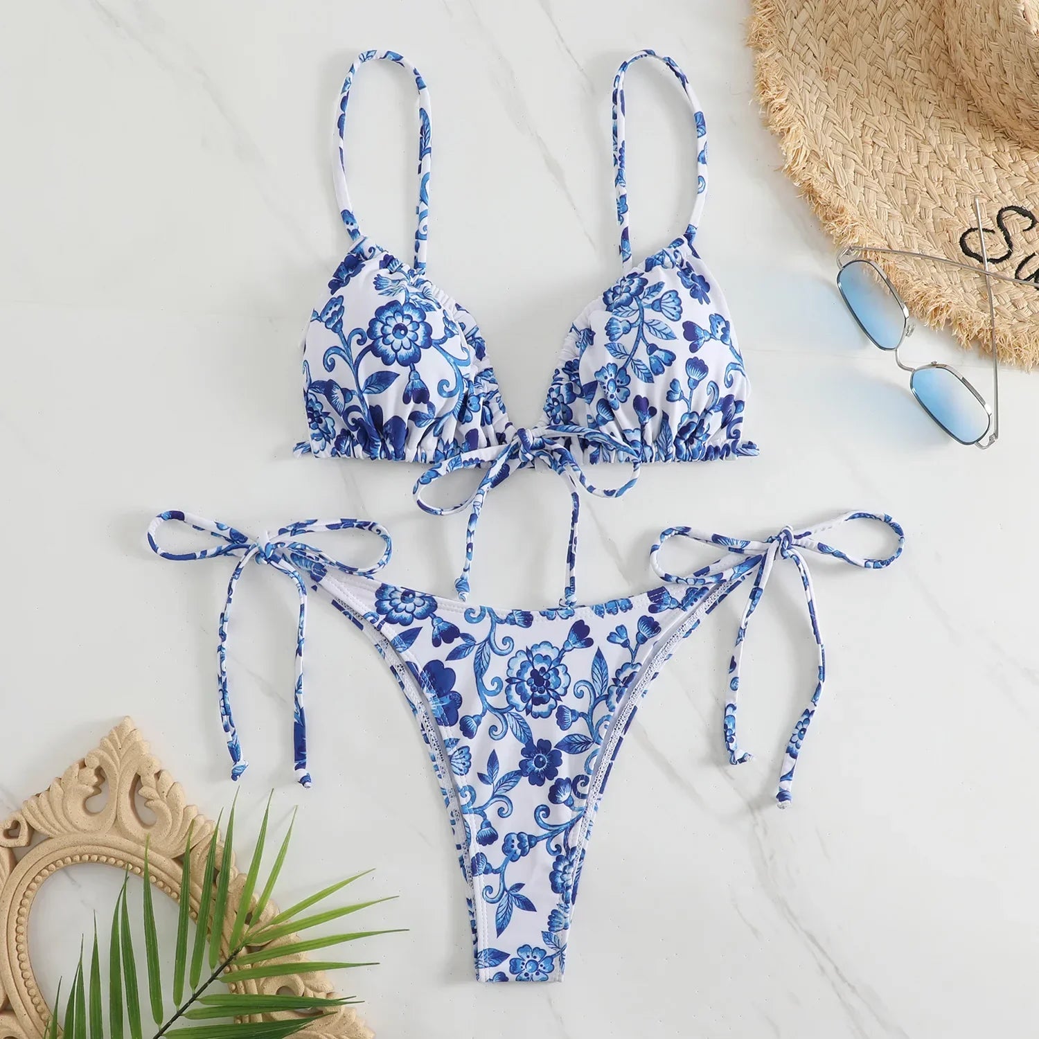 floral print micro bikini blue and white porcelain Bikini swimsuit biquini thong bikini Set bathing
