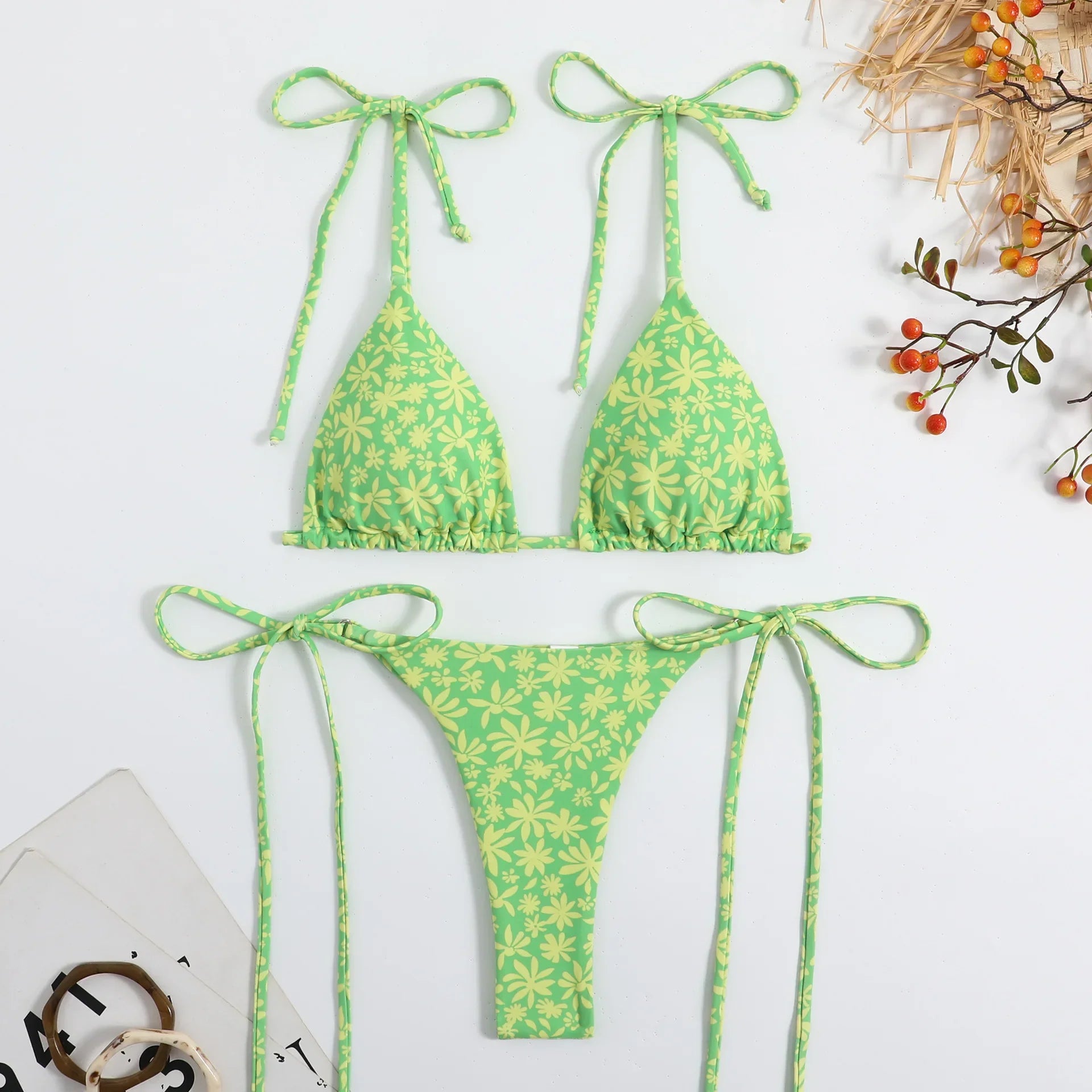 floral print micro mini bikini halter string triangle swimwear thong swimsuit biquini bikini Set bathing
