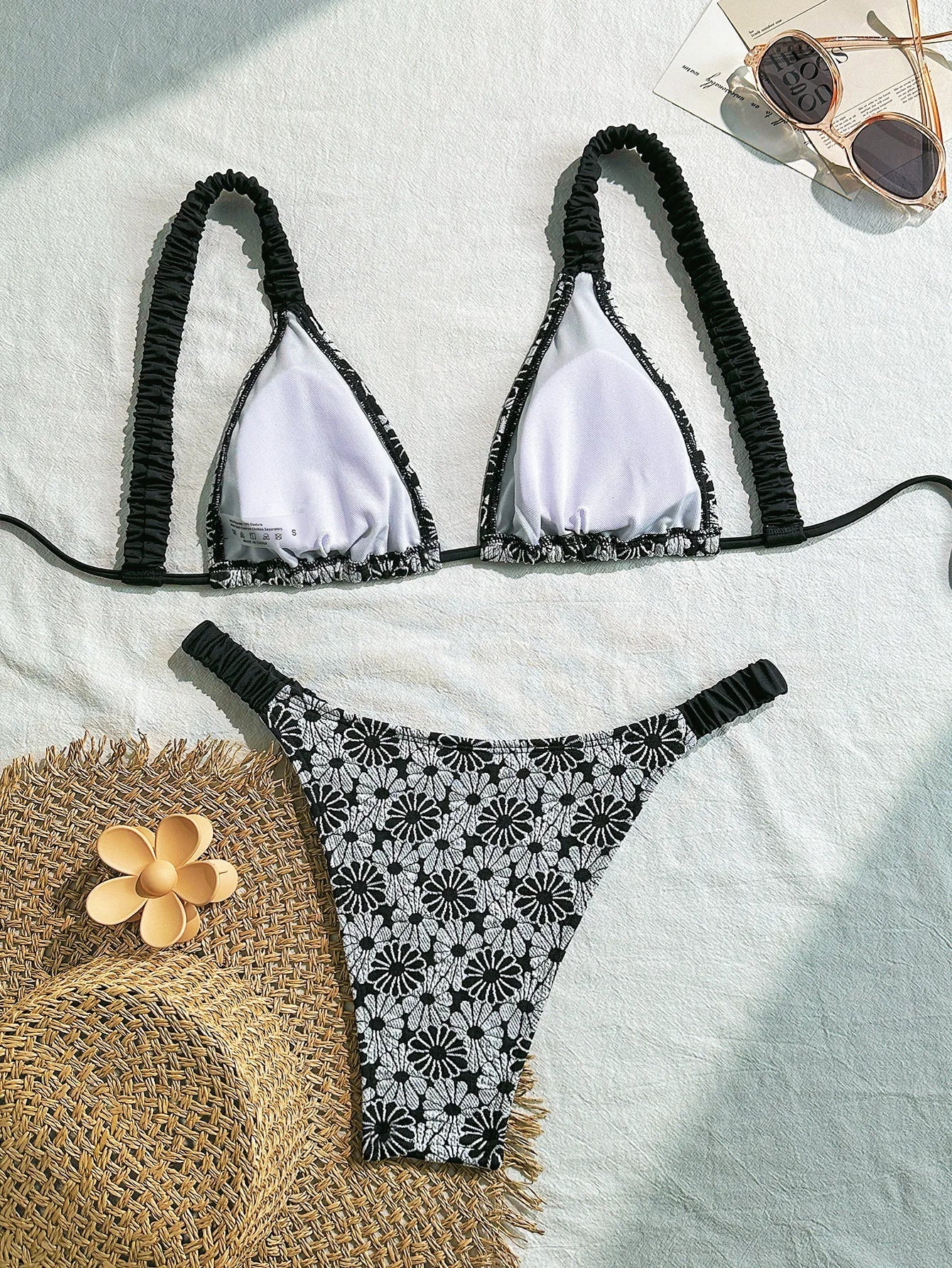 flower patchwork bikinis Sets two pieces back tie thong swimsuit bathingwear biquini