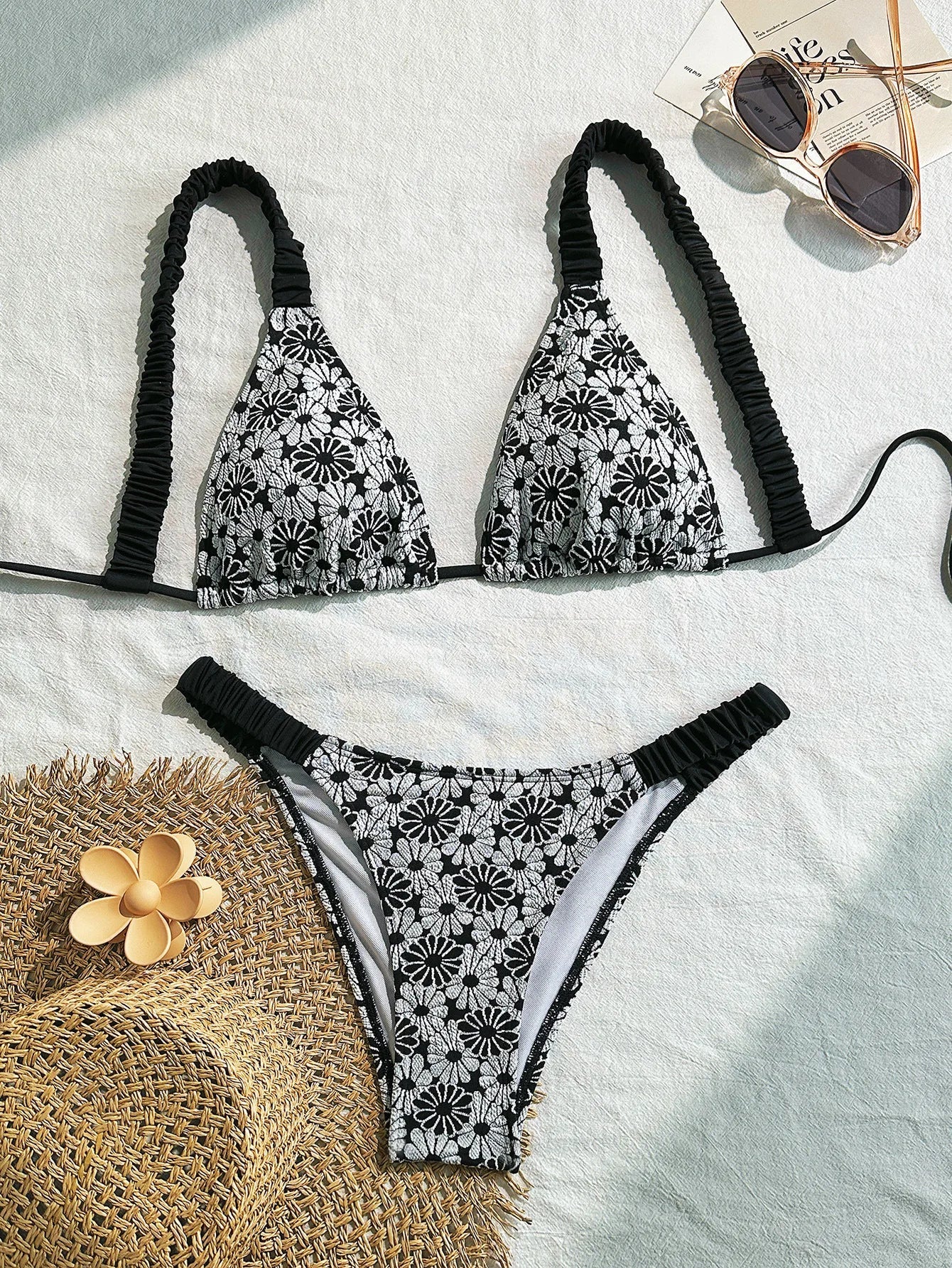 flower patchwork bikinis Sets two pieces back tie thong swimsuit bathingwear biquini