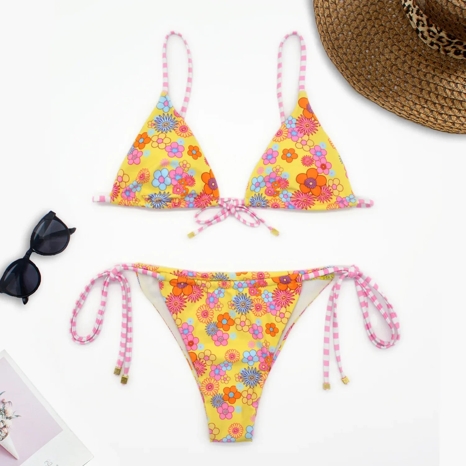 flower print triangle bikinis Sets two pieces side tie swimsuit thong Swimwear Biquini conjunto de bikini tankiniwear