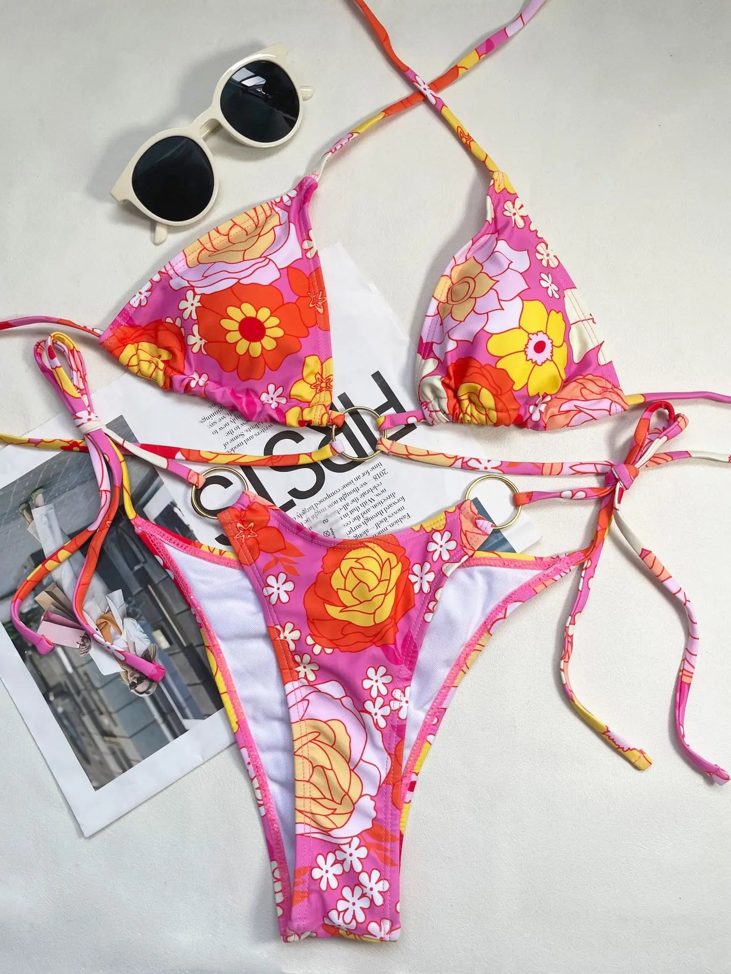 flower print triangle micro bikini Sets metal ring bandage thong swimsuits side tiewear