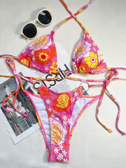 flower print triangle micro bikini Sets metal ring bandage thong swimsuits side tiewear