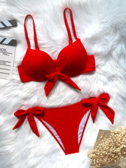 front bow knot bikinis two pieces solid swimsuit tie bikini Swimsuit Biquini conjunto de bikini tankini