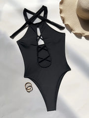 front cross hollow swimsuit one piece solid halter tie bikinis thong swimwears biquini bathing 7 color