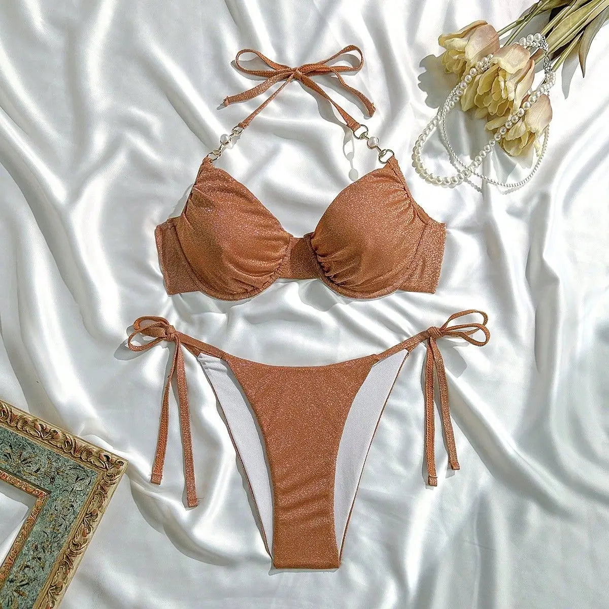 giltter brown halter bikinis Sets two pieces thong swimsuits Swimwear conjunto de bikini tankiniwear biquini