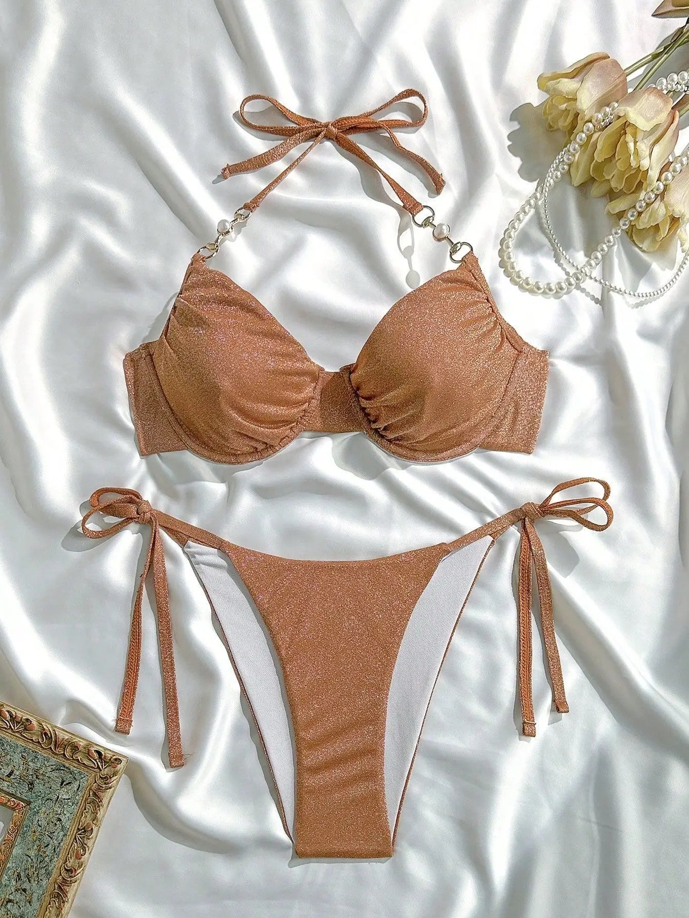 giltter brown halter bikinis Sets two pieces thong swimsuits Swimwear conjunto de bikini tankiniwear biquini