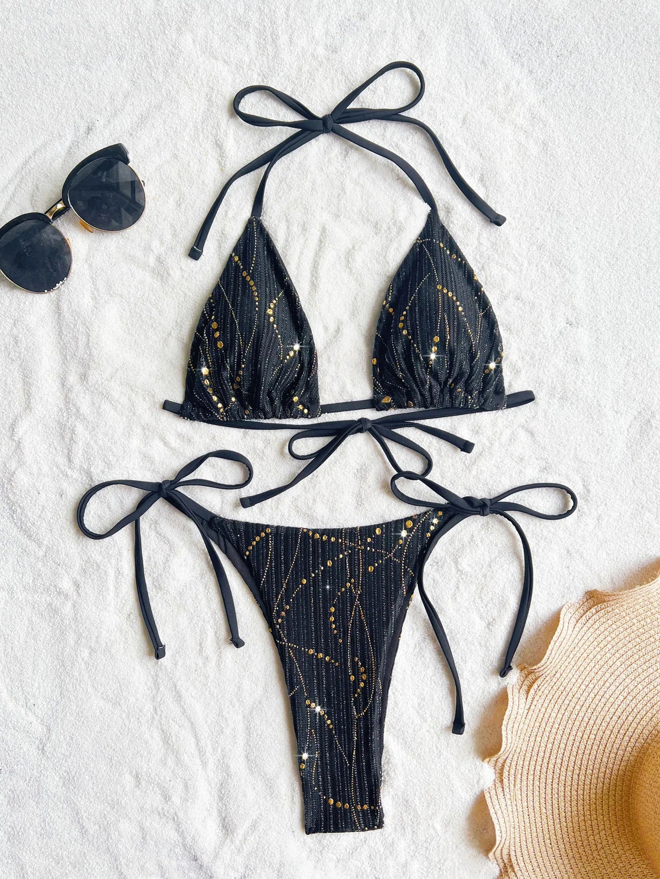 glitter black string micro mini halter bikinis Sets two pieces thong tie swimsuit bathingwear biquini