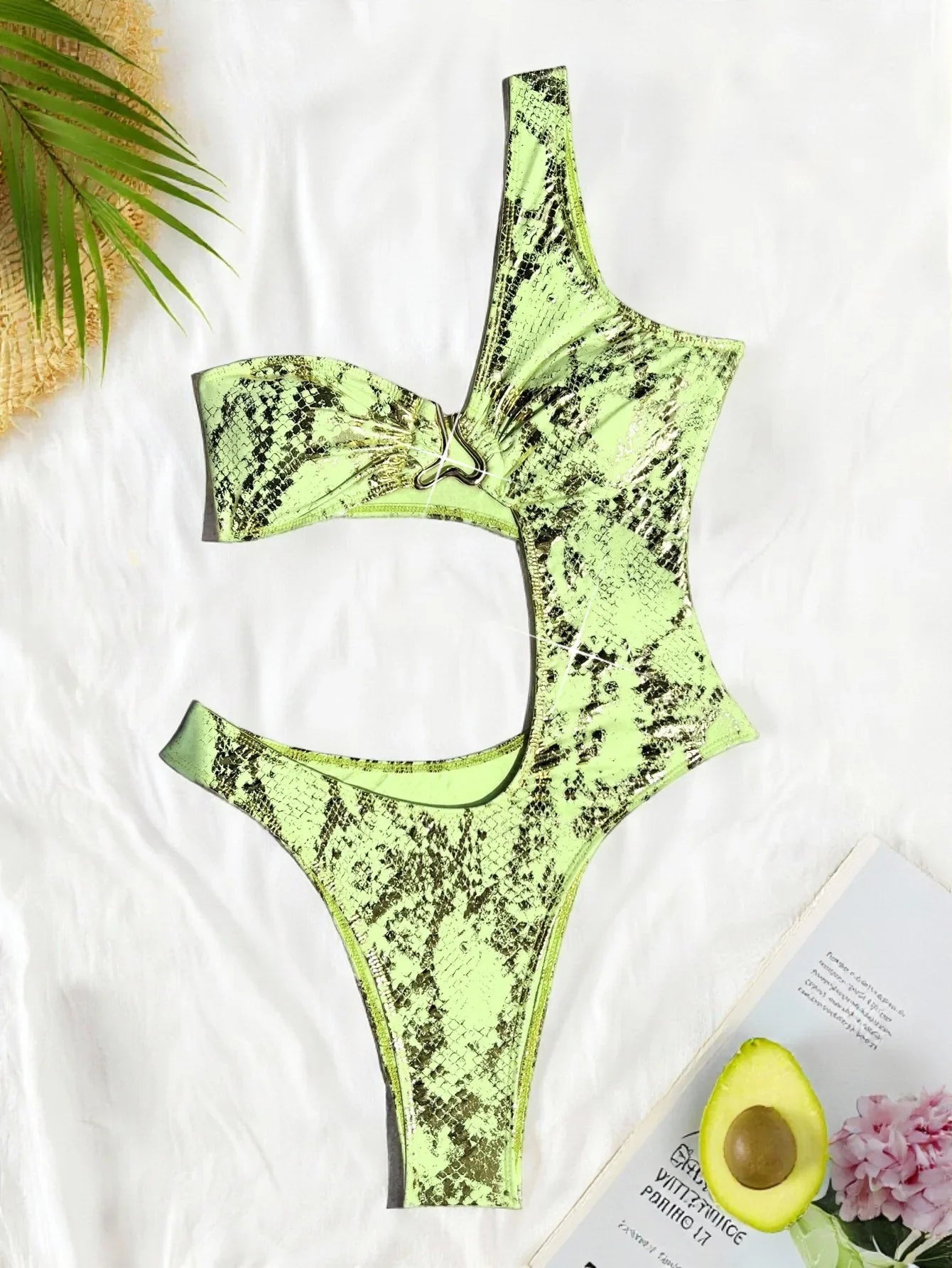 glitter green sanke print one shoulder swimsuits one piece hollow out Swimwears biquini bathing