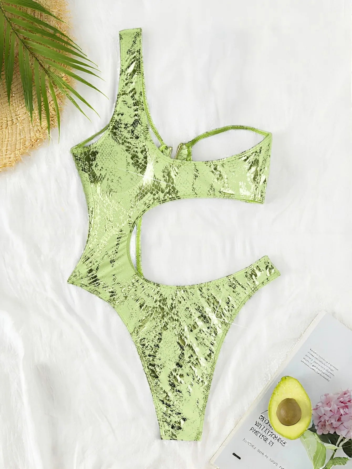 glitter green sanke print one shoulder swimsuits one piece hollow out Swimwears biquini bathing