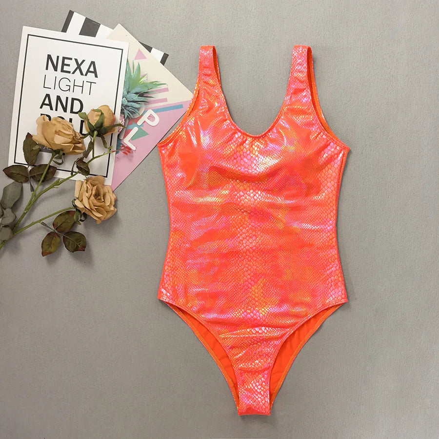 glitter snake scales metallic swimsuit one piece backless bikini thong swimwears biquini bathing