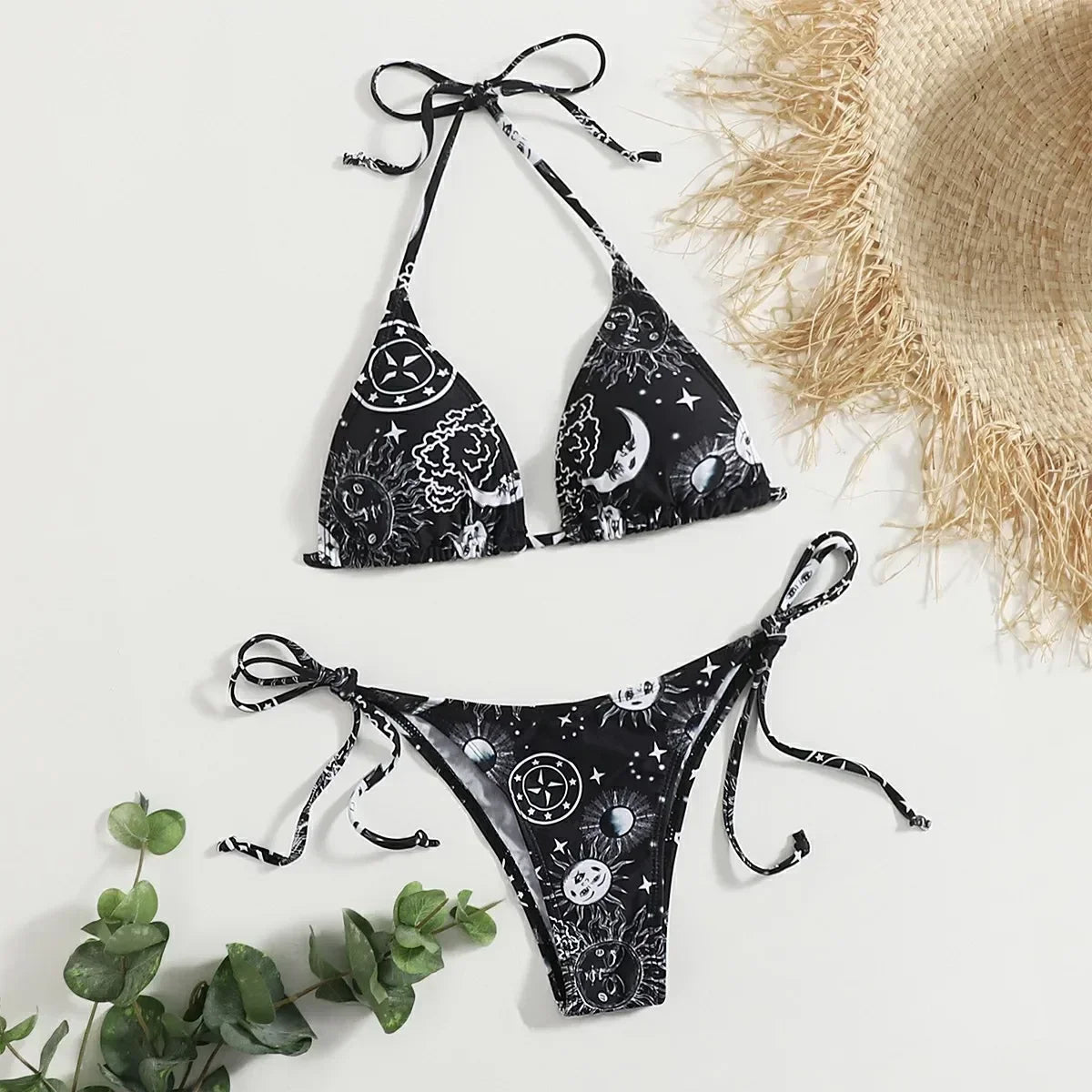 gothic print black triangle bikini Set separate thong Swimwear Biquini conjunto de bikini tankiniwear