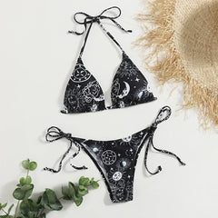gothic print black triangle bikini Set separate thong Swimwear Biquini conjunto de bikini tankiniwear