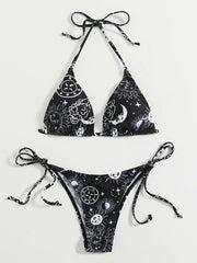gothic print black triangle bikini Set separate thong Swimwear Biquini conjunto de bikini tankiniwear