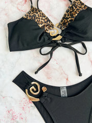 leopard print patchwork bikinis two pieces swimsuit metal ring backless Bikini Biquini conjunto de bikini