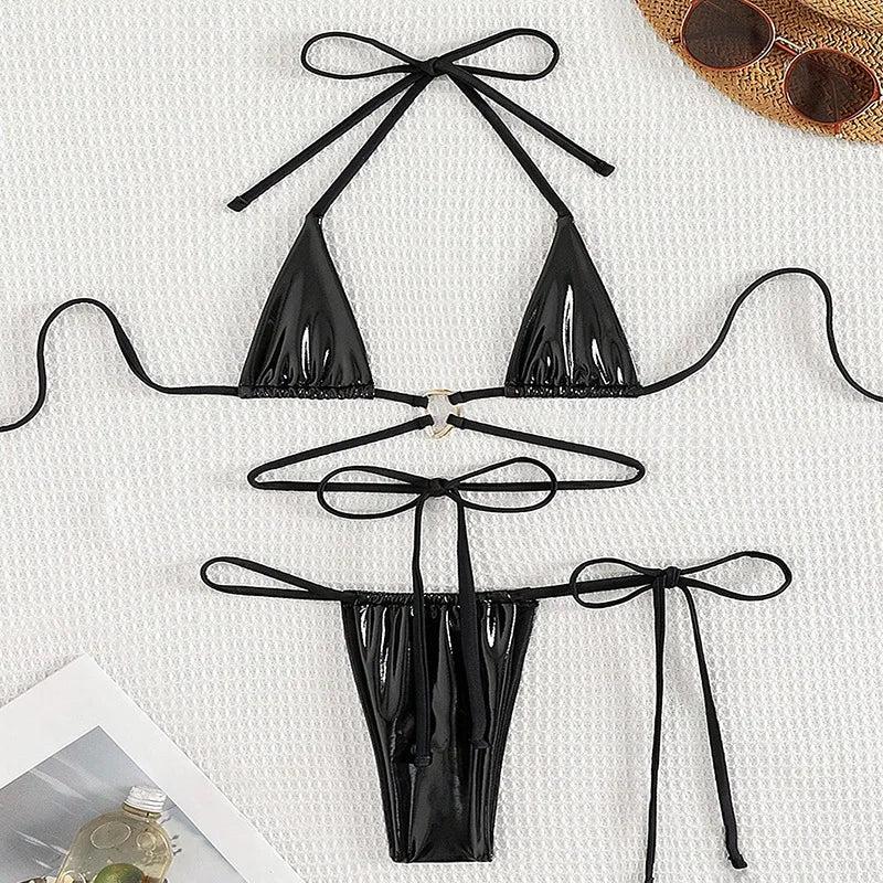 metallic black halter string micro mini bikinis Sets two piece backless swimwear swimsuit biquini thong bathing