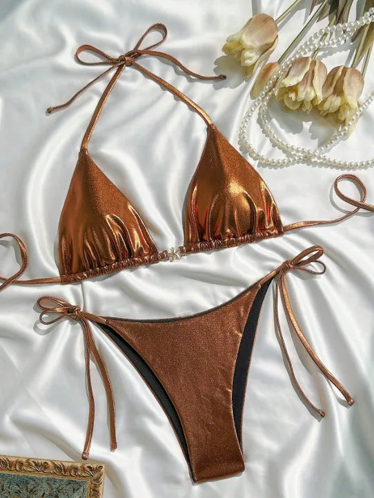 metallic brown glitter halter bikinis Sets two pieces metal starfish thong bandage swimsuit bathingwear biquini