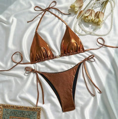 metallic brown glitter halter bikinis Sets two pieces metal starfish thong bandage swimsuit bathingwear biquini