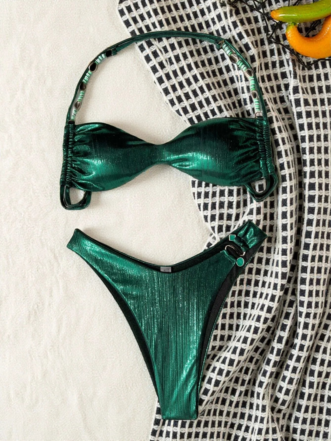 metallic green glitter beads halter bikinis Sets two pieces micro thong swimsuit bathingwear biquini