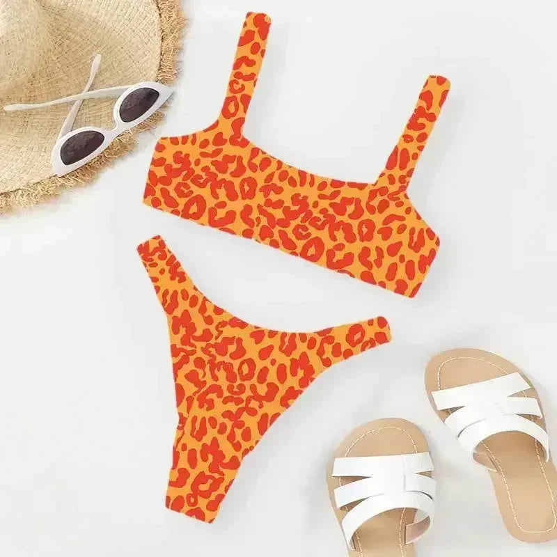 micro bikini orange leopard print thong swimsuit cut out bathingwear biquini