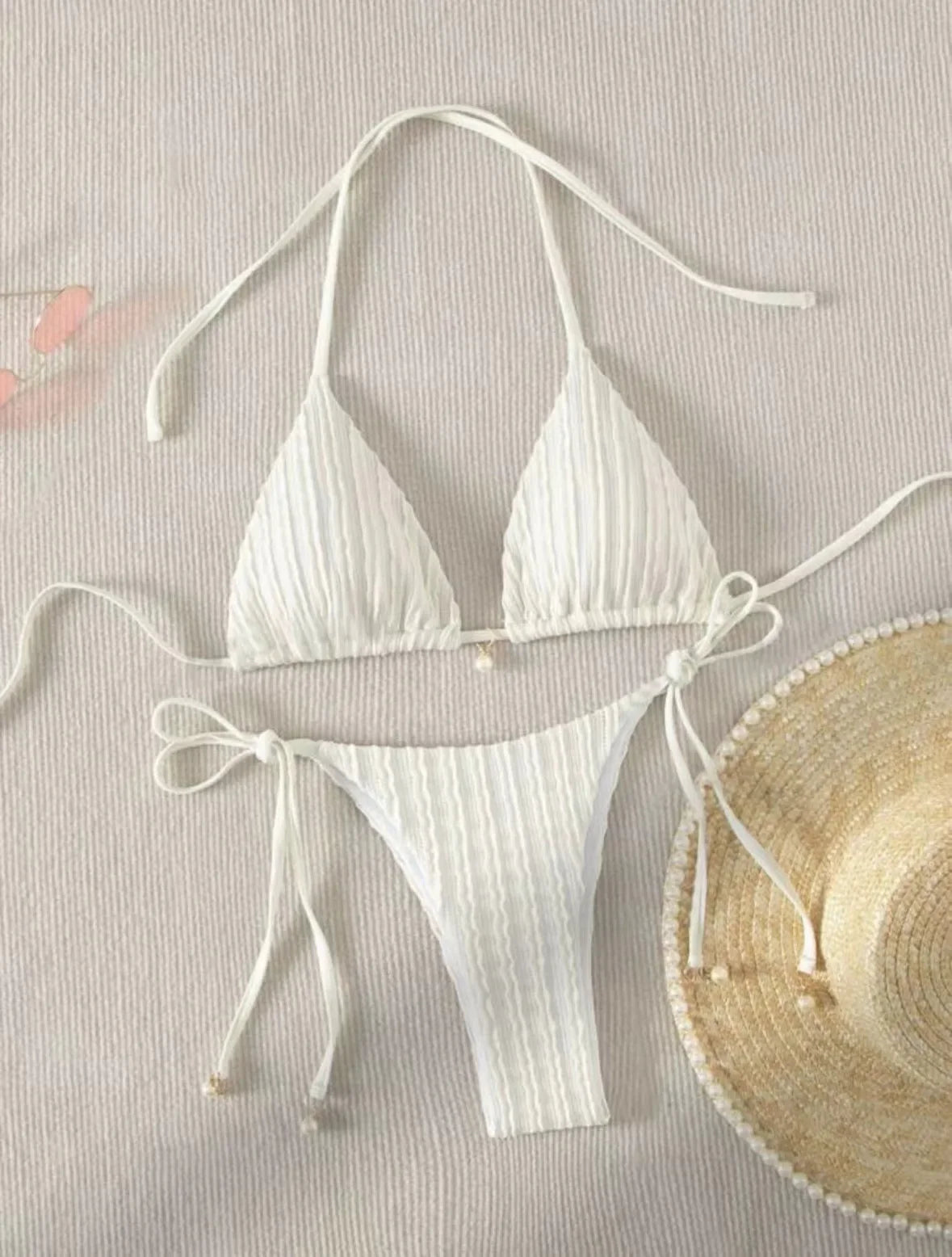 milky ribbed halter micro mini bikini Sets two pieces tie thong swimsuit bathingwear biquini