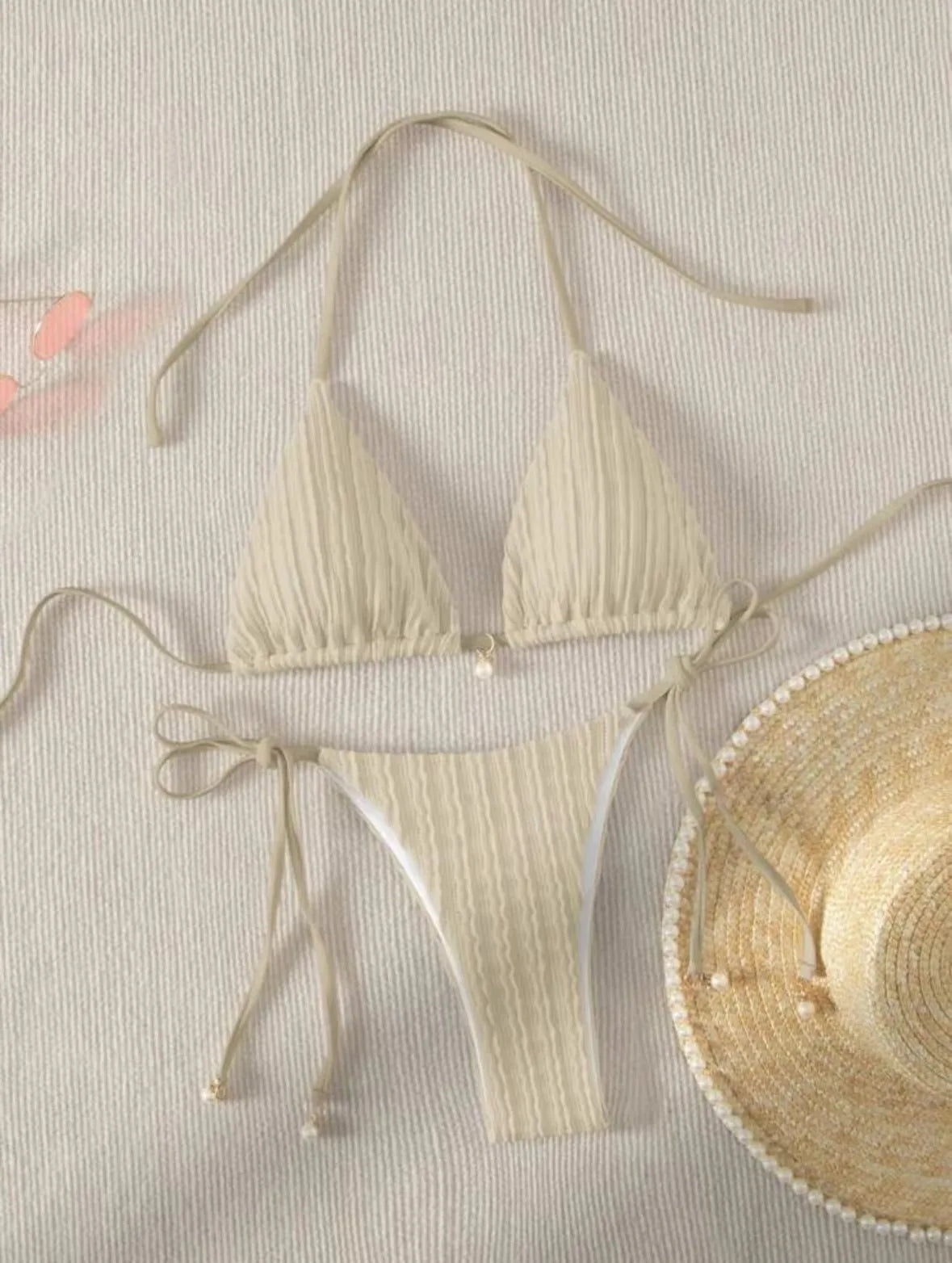milky ribbed halter micro mini bikini Sets two pieces tie thong swimsuit bathingwear biquini