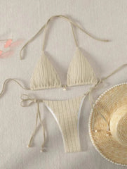 milky ribbed halter micro mini bikini Sets two pieces tie thong swimsuit bathingwear biquini