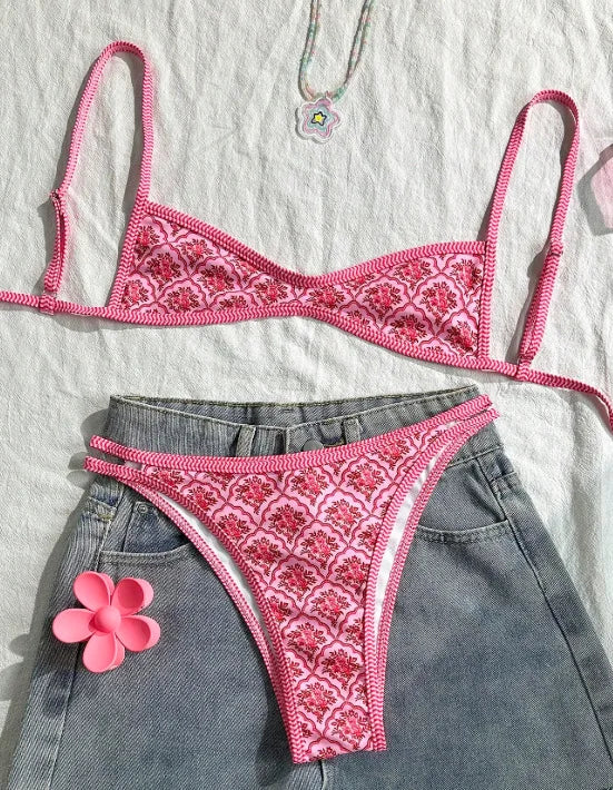 pink flower print micro bikinis Sets two pieces thong swimsuits Swimwear conjunto de bikini tankiniwear biquini