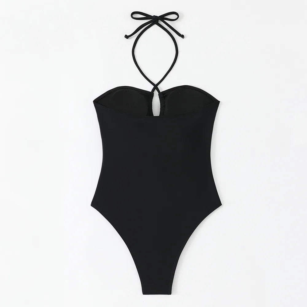 plain halter tie swimsuits one piece hollow out bikinis swimwears biquini bathing tankini