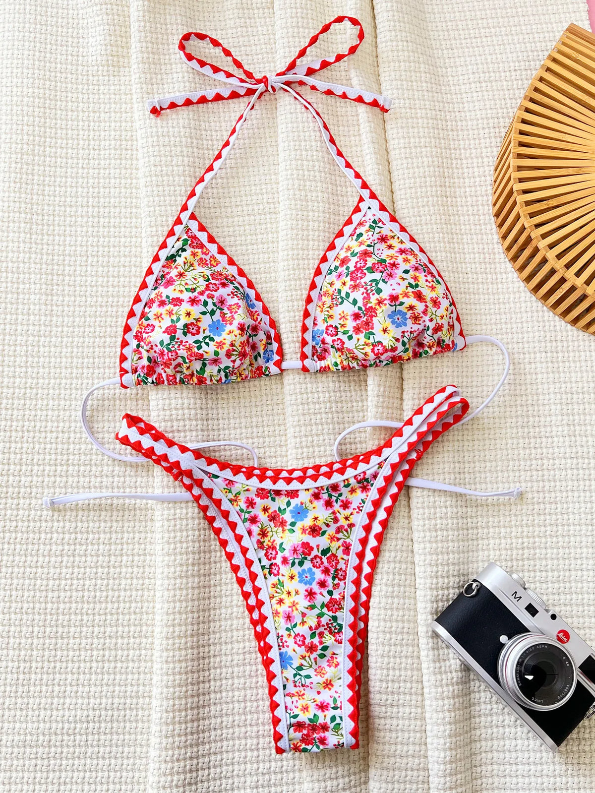 red floral print bikinis Sets two pieces halter triangle swimwear bohemian swimsuit biquini thong bathing