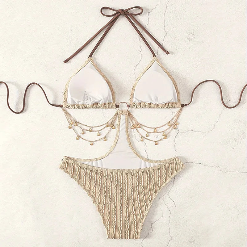 ribbed metal chain swimsuit one piece hollow waist bikinis halter swimwears biquini bathing tankini