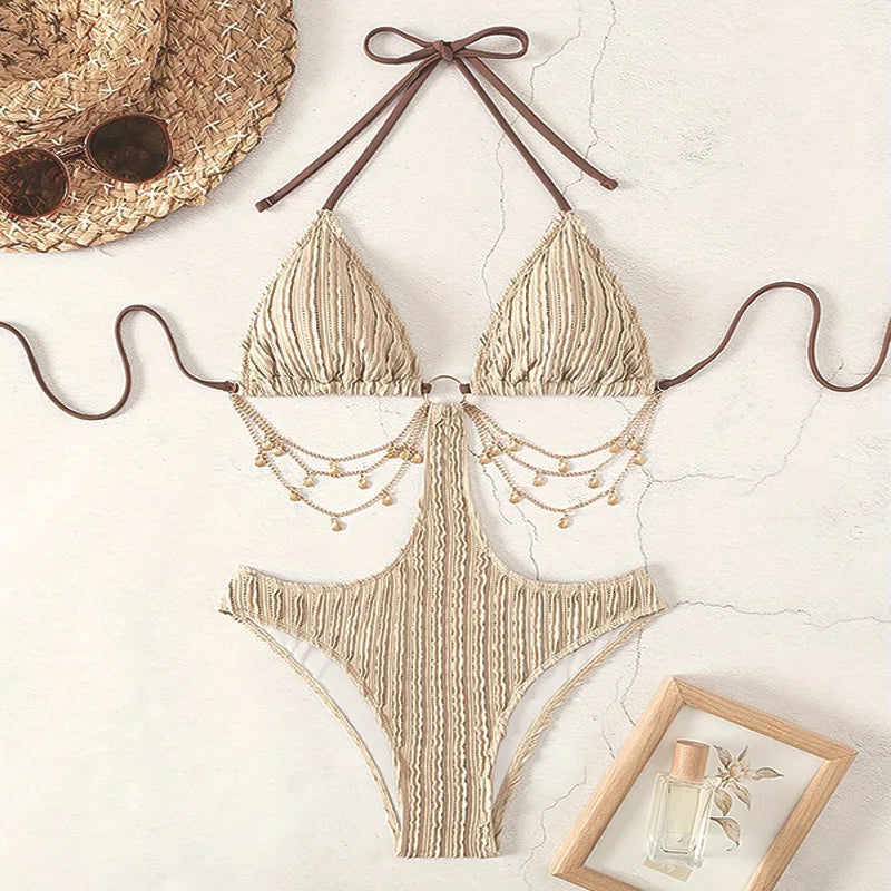 ribbed metal chain swimsuit one piece hollow waist bikinis halter swimwears biquini bathing tankini