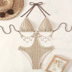 ribbed metal chain swimsuit one piece hollow waist bikinis halter swimwears biquini bathing tankini