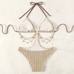 ribbed metal chain swimsuit one piece hollow waist bikinis halter swimwears biquini bathing tankini