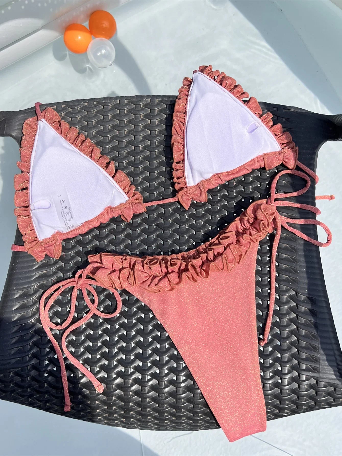 rose red ruffles glitter halter tie bikinis Sets two pieces micro thong swimsuit bathingwear biquini