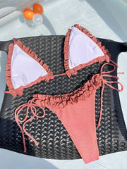 rose red ruffles glitter halter tie bikinis Sets two pieces micro thong swimsuit bathingwear biquini