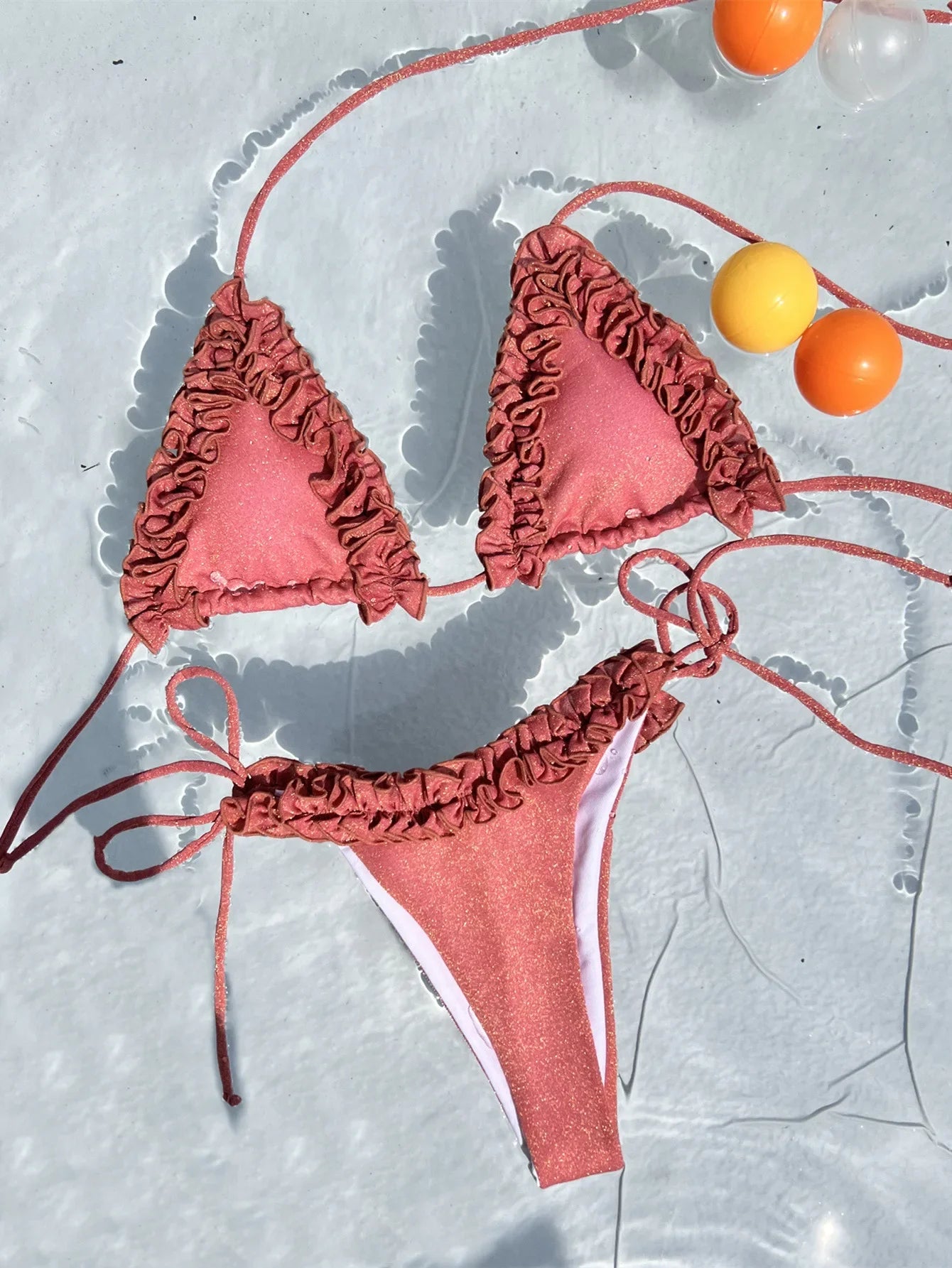 rose red ruffles glitter halter tie bikinis Sets two pieces micro thong swimsuit bathingwear biquini