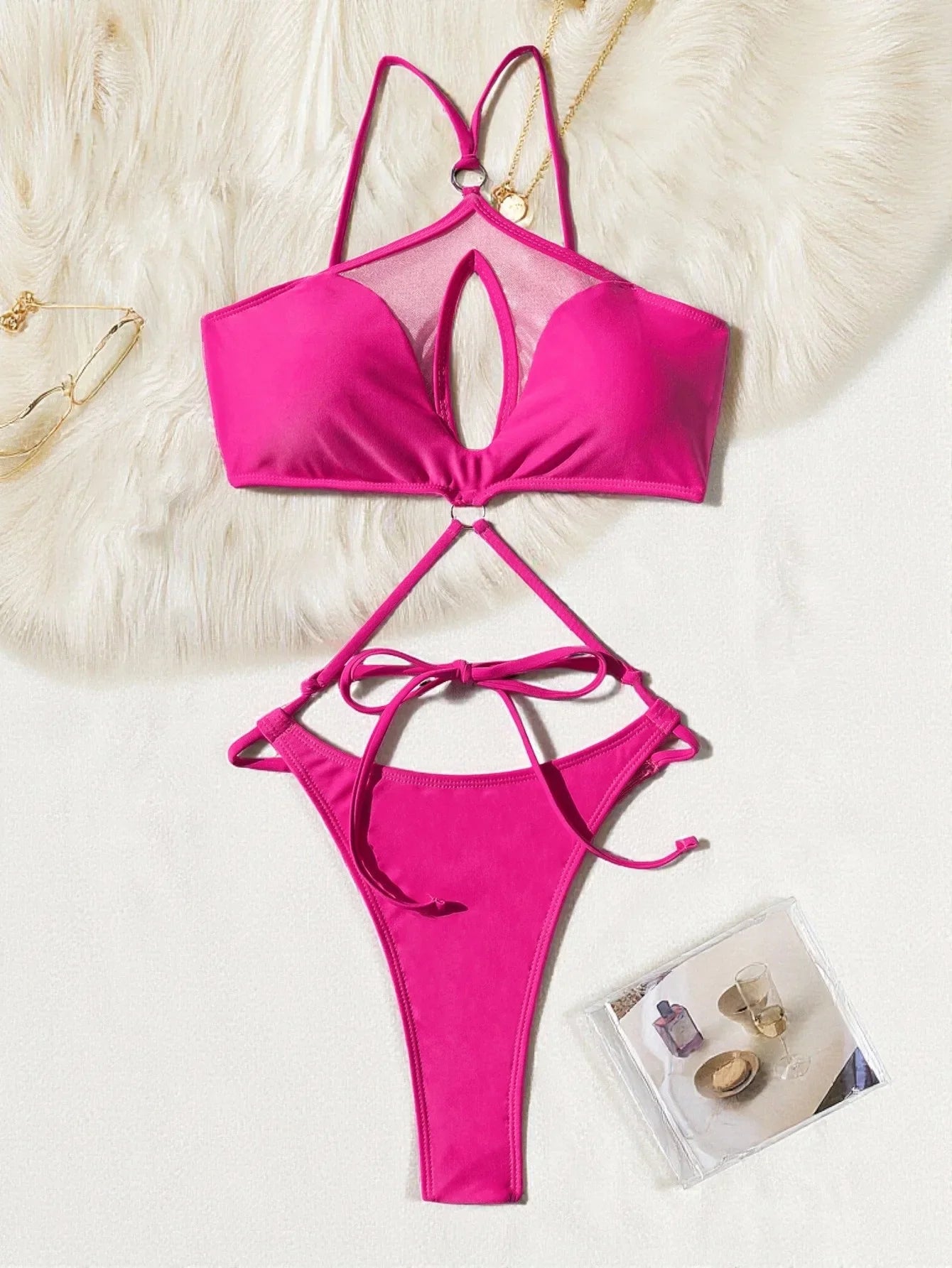 rose red swimsuits one piece mesh hollow out ring bandage bikinis swimwears biquini bathing tankini