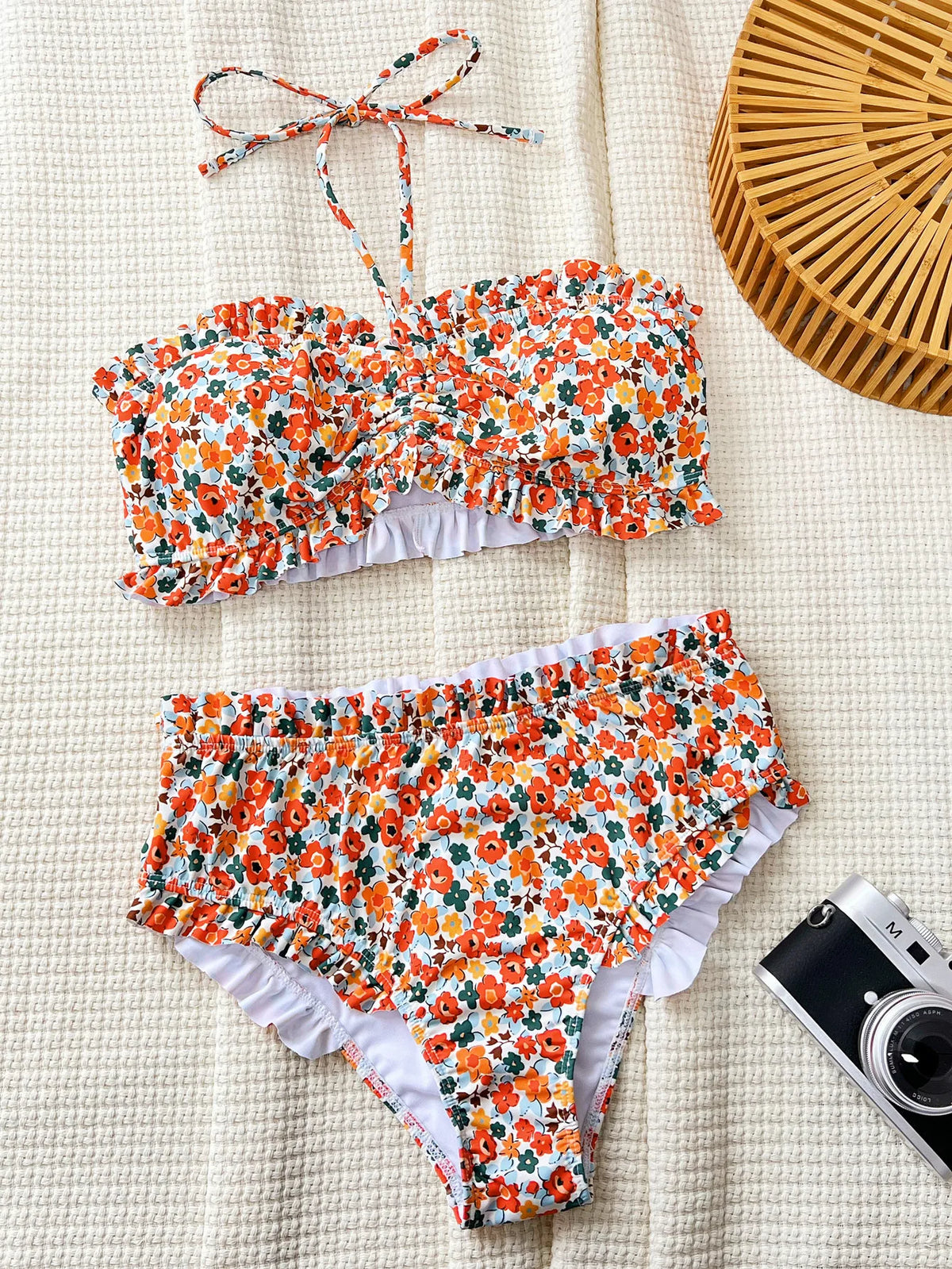 ruffles floral print bandeau bow bikinis Sets two pieces Swimsuit bathing suit biquini