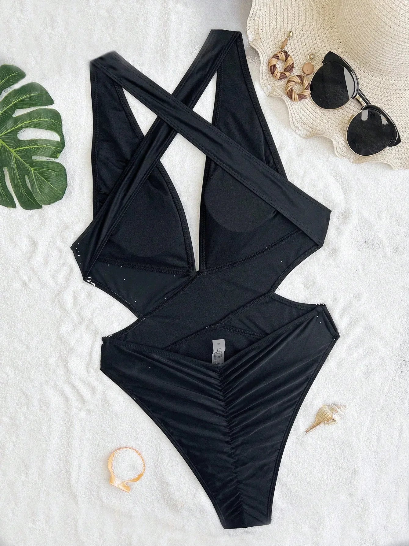solid back cross swimsuit one piece backless wrinkle bikini thong swimwears biquini bathing