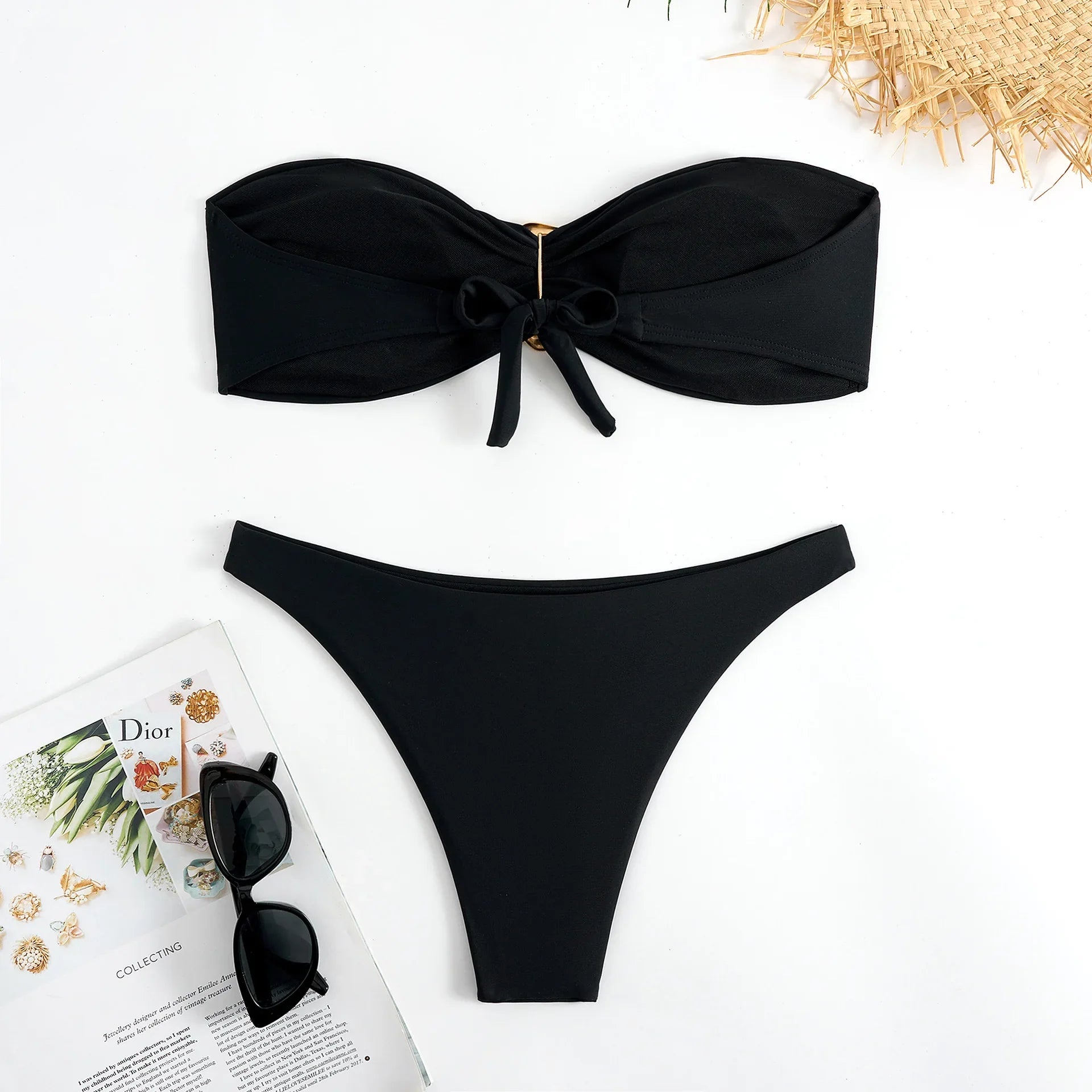 solid black and red bandeau bikinis Sets two pieces metal thong swimsuit bathingwear biquini bakini