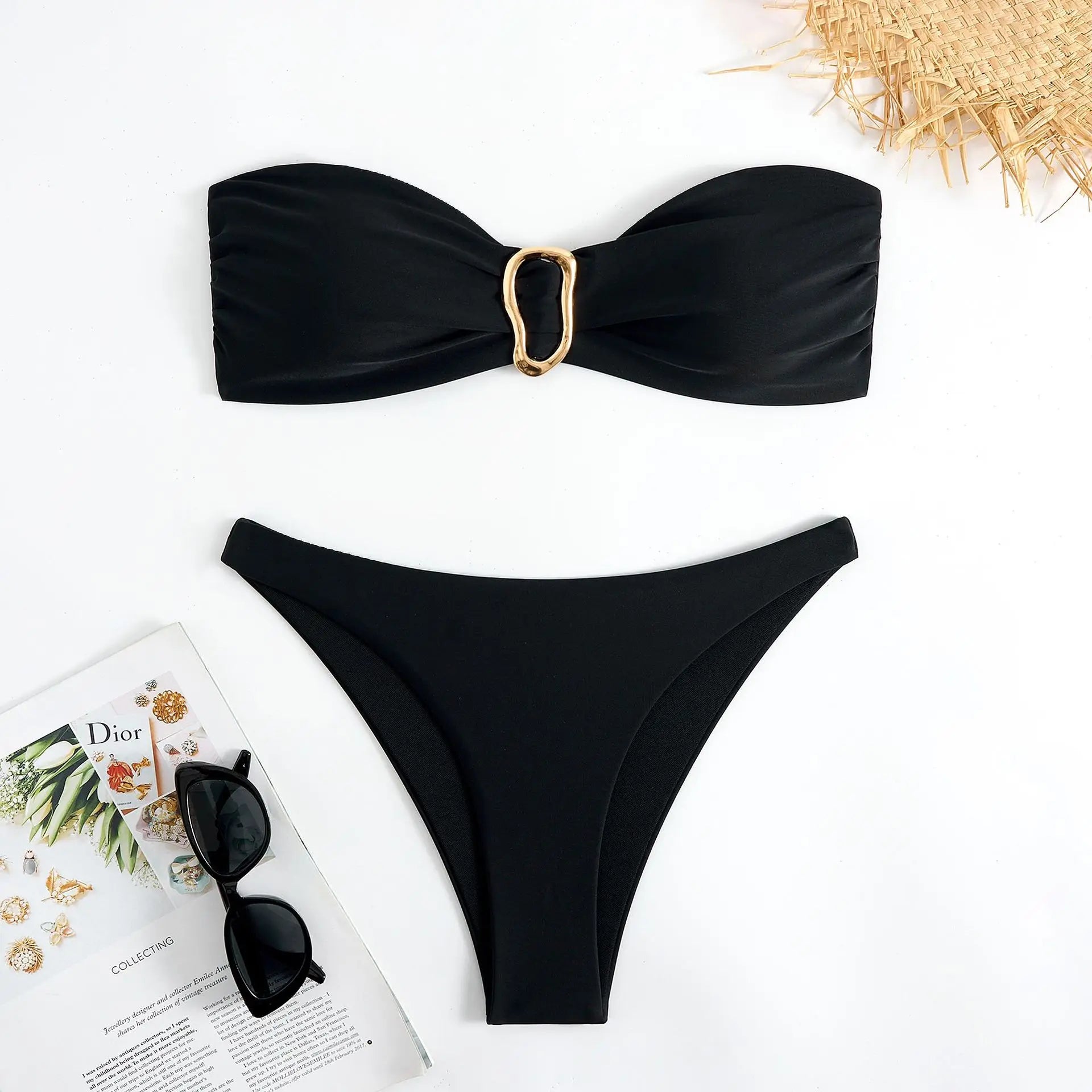 solid black and red bandeau bikinis Sets two pieces metal thong swimsuit bathingwear biquini bakini