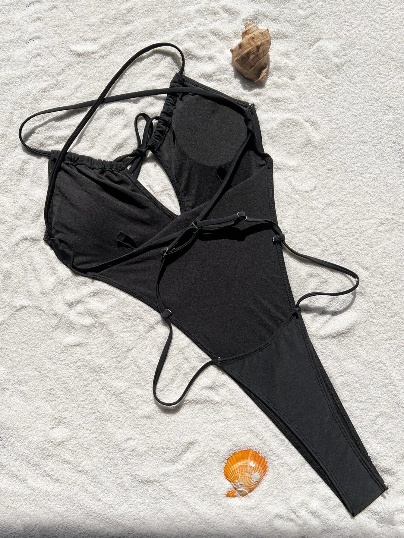 solid black drawstring bandage backless swimsuit one piece bikini thong swimwears biquini bathing