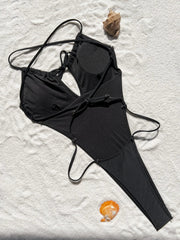 solid black drawstring bandage backless swimsuit one piece bikini thong swimwears biquini bathing