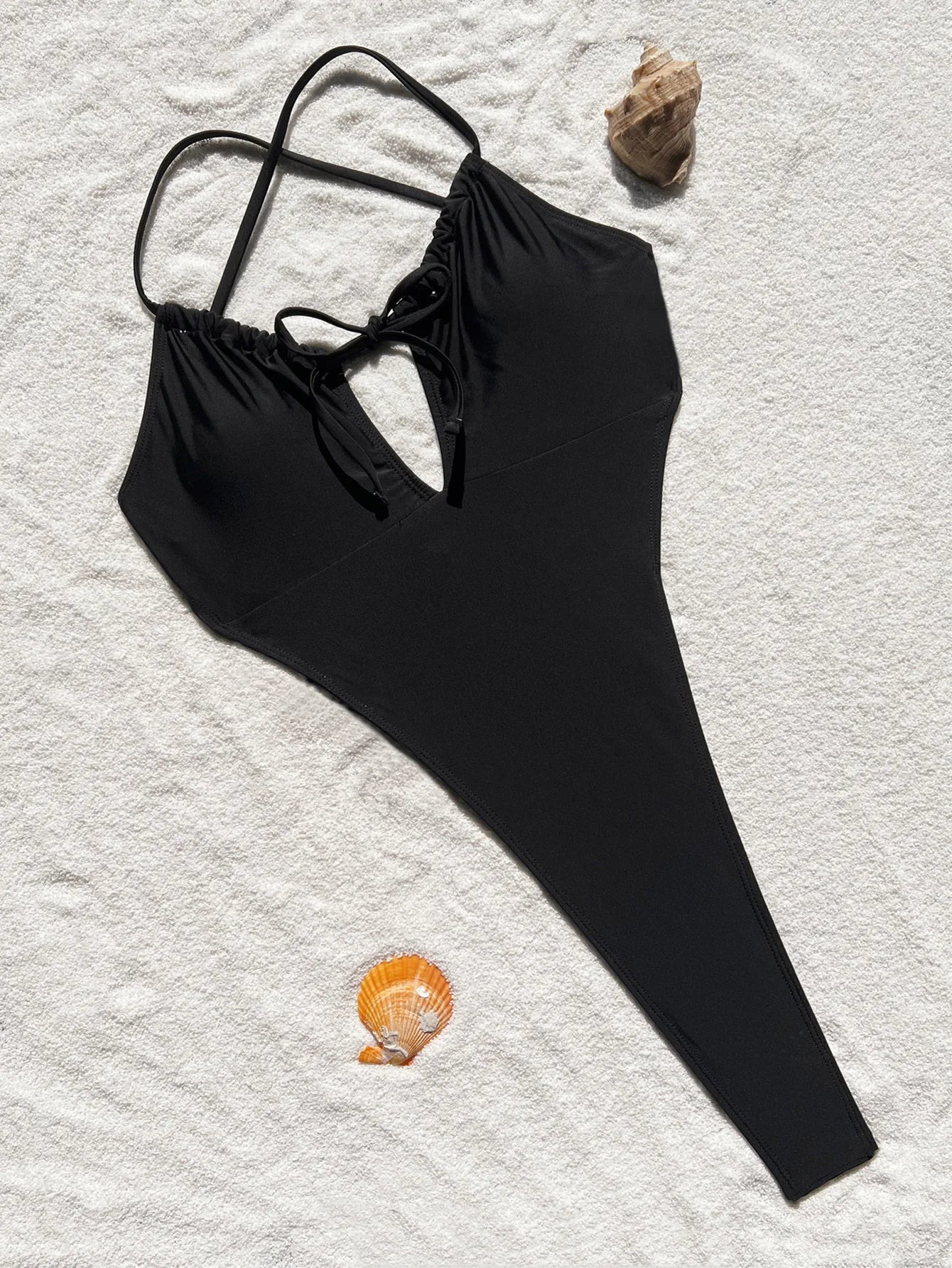solid black drawstring bandage backless swimsuit one piece bikini thong swimwears biquini bathing