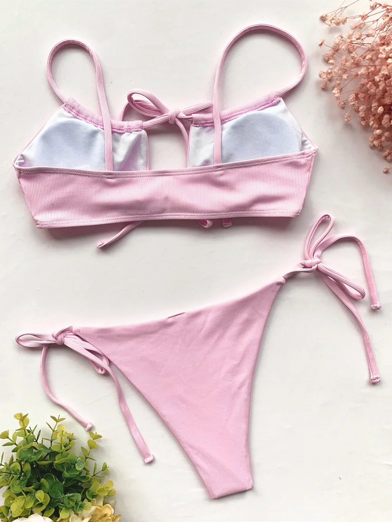 solid ribbed bow tie bikinis Sets two pieces hollow thong swimsuit bathingwear biquini bakini tankini