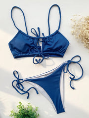 solid ribbed bow tie bikinis Sets two pieces hollow thong swimsuit bathingwear biquini bakini tankini