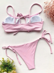 solid ribbed bow tie bikinis Sets two pieces hollow thong swimsuit bathingwear biquini bakini tankini
