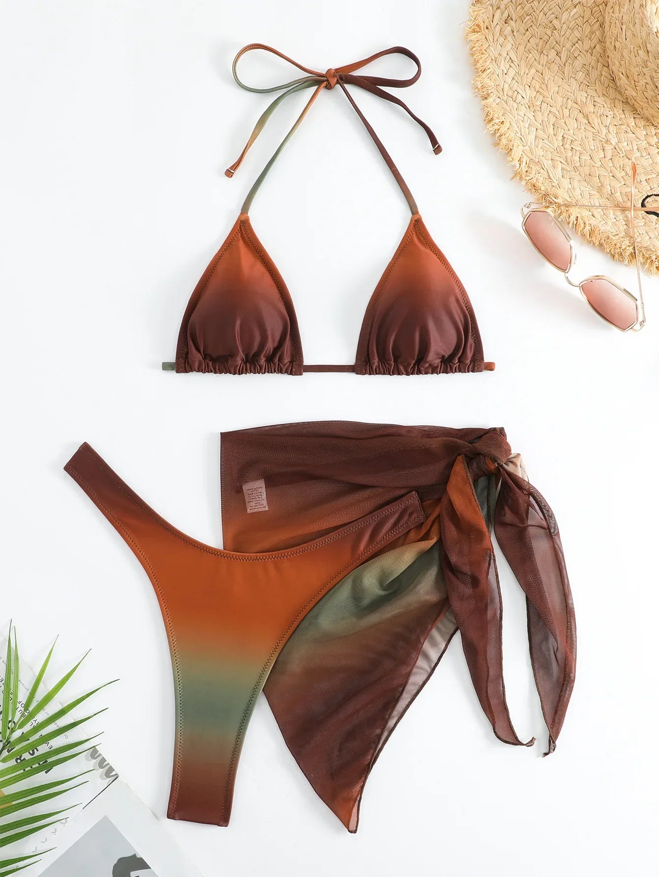 tie dye print halter bikinis Sets 3pcs with cover mesh thong swimsuit bathing suit biquini tankini
