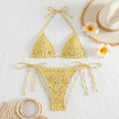 tie halter floral wrinkled print micro bikinis Set thong Swimwear Biquini conjunto de bikini tankiniwear
